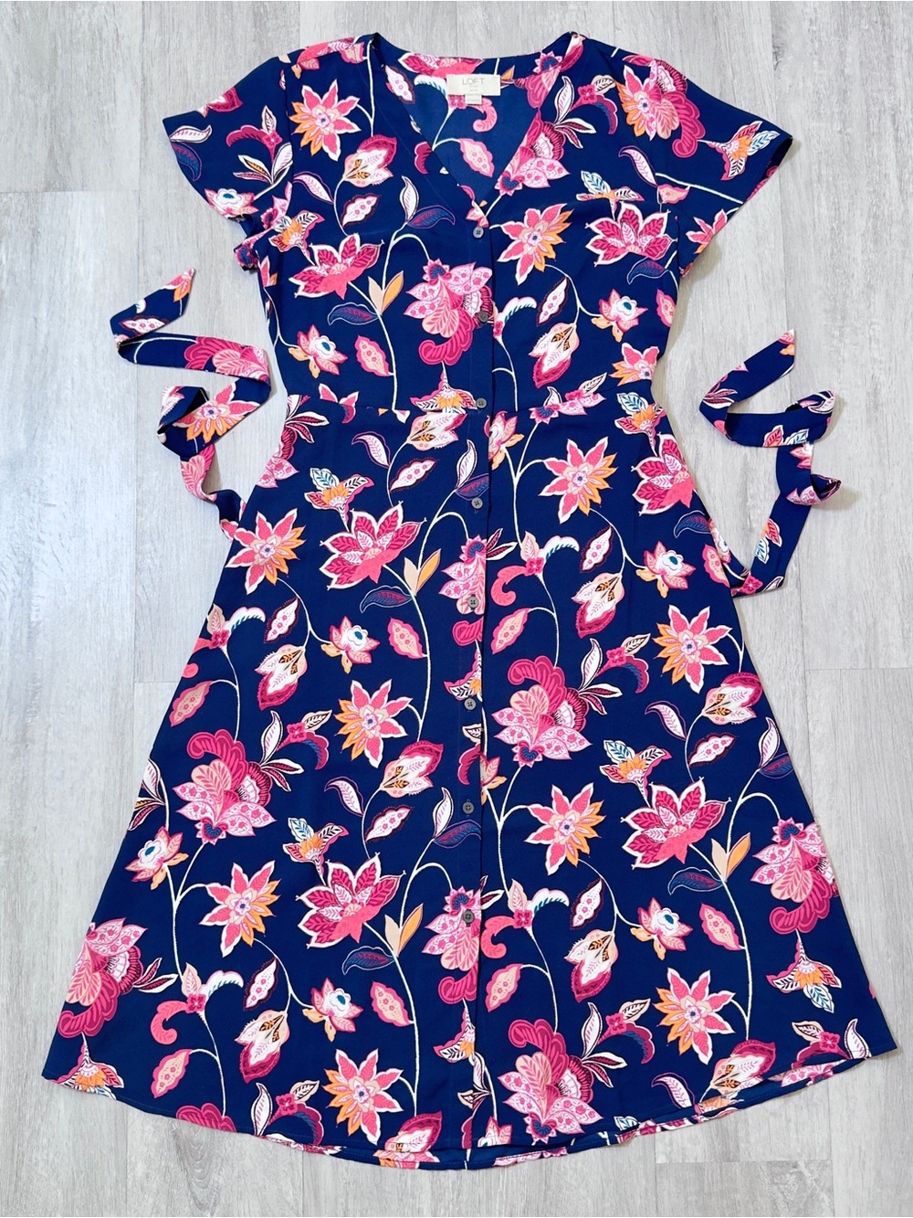 LOFT Navy Floral Button-Front Dress with Pink & Coral Blooms